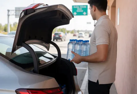 Un chauffeur de VTC charge des bouteilles d'eau dans le coffre de sa voiture pendant une pause sur la route, avec du trafic en arrière-plan.