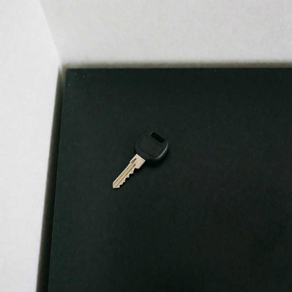 Clé de voiture avec manche noir et dents métalliques, posée sur une surface noire propre et éclairée doucement, idéale pour un catalogue de services de transport.