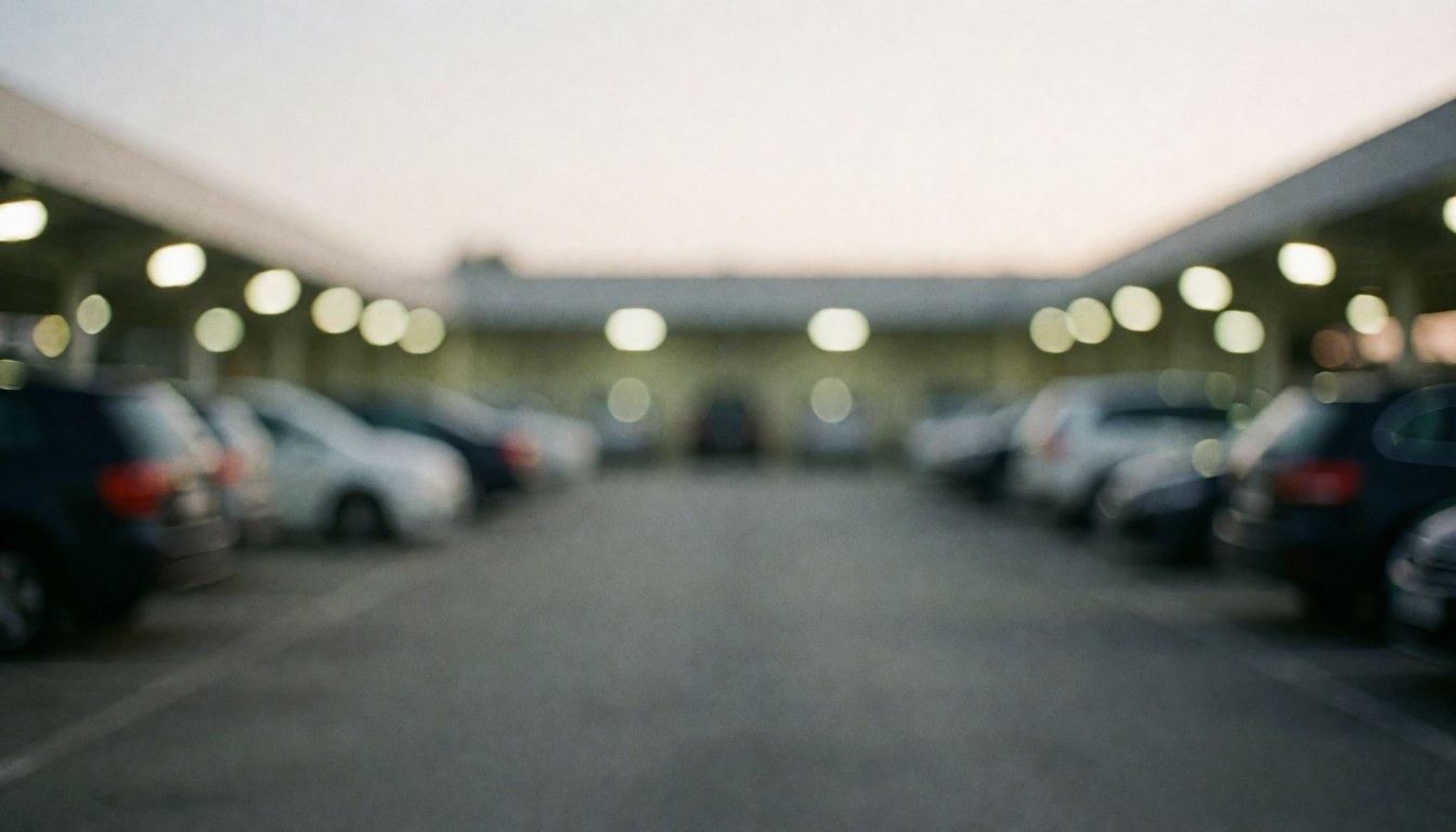 Fond professionnel de parking avec des véhicules stationnés et des lumières vives, idéal pour du texte commercial, évoquant un environnement sûr et ordonné.