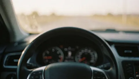 Intérieur de voiture montrant un volant et un tableau de bord volontairement flous, baignés d'une lumière chaude, créant une atmosphère calme et neutre.
