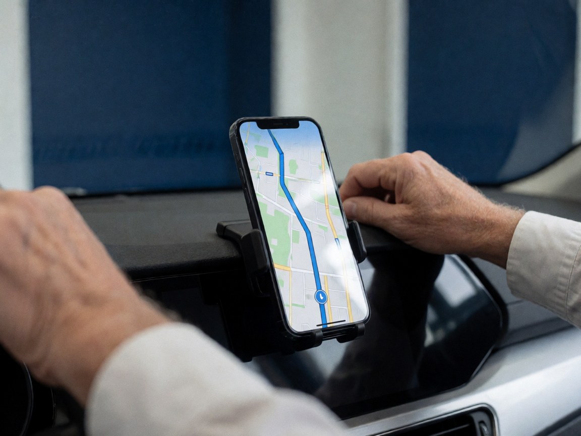Conducteur règle son smartphone fixé au tableau de bord, l'écran affiche une carte avec un itinéraire bleu dans l'habitacle.