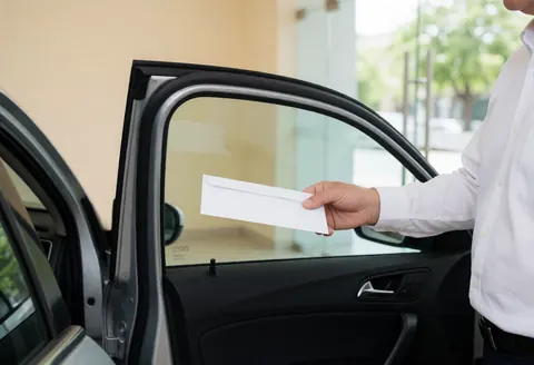 Un chauffeur de service professionnel tend une enveloppe blanche à un client devant un bâtiment moderne avec porte vitrée par temps ensoleillé.