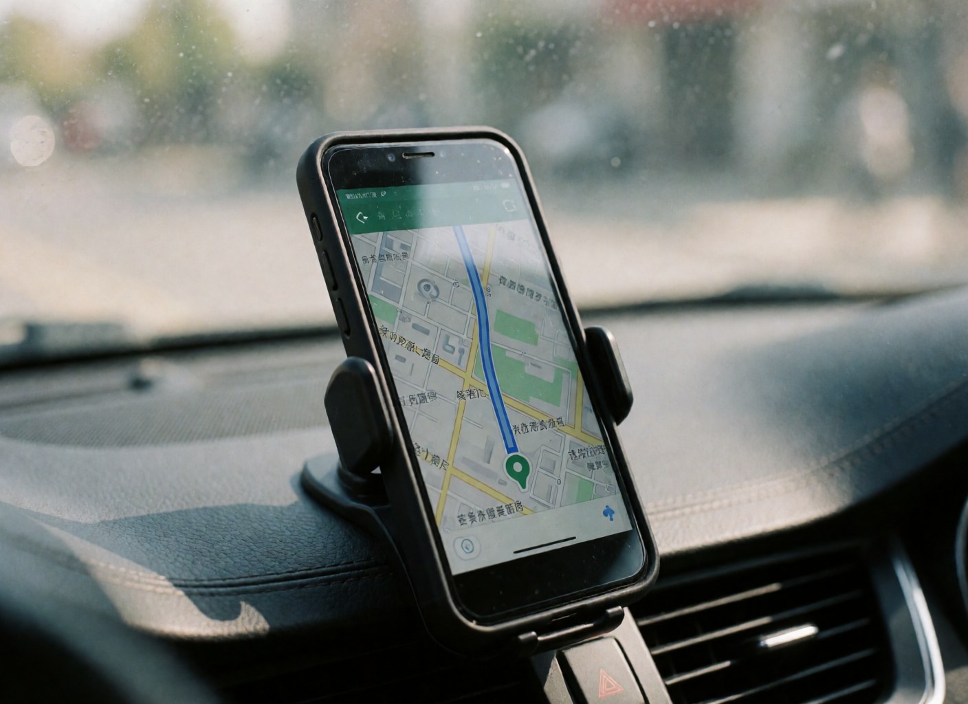 Vue intérieure d'un véhicule montrant un smartphone fixé au tableau de bord avec une application de navigation indiquant un itinéraire bleu.