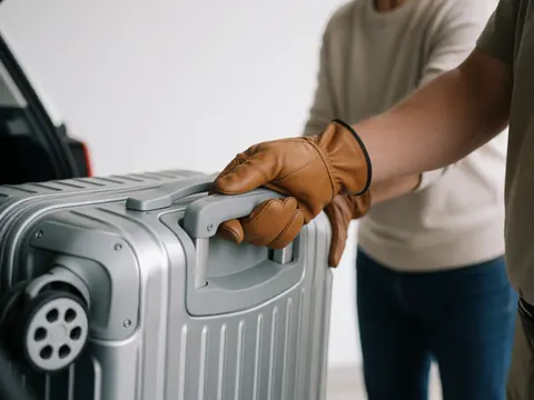 Gros plan d'une main portant un gant en cuir déposant une valise de voyage dans le coffre d'un véhicule, mettant en évidence la texture et le détail du contact.