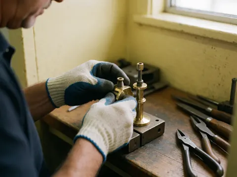 Une main portant un gant ajuste une pièce métallique sur un établi avec des outils de réparation à proximité, éclairée par la lumière naturelle d'une fenêtre.