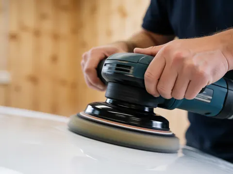 Un outil rotatif en action sur une carrosserie blanche avec des mains visibles, sur un fond de mur en bois clair.