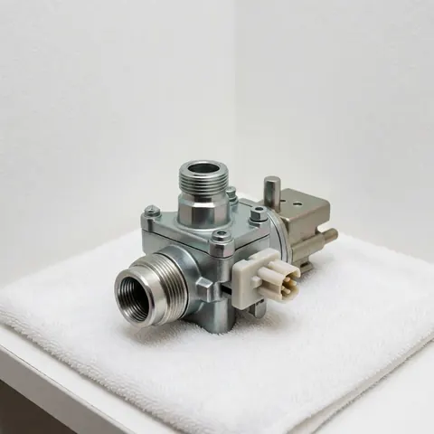 Vanne de gaz neuve avec connecteurs électriques posée sur une serviette blanche, fond blanc propre, pour réparation de chauffage
