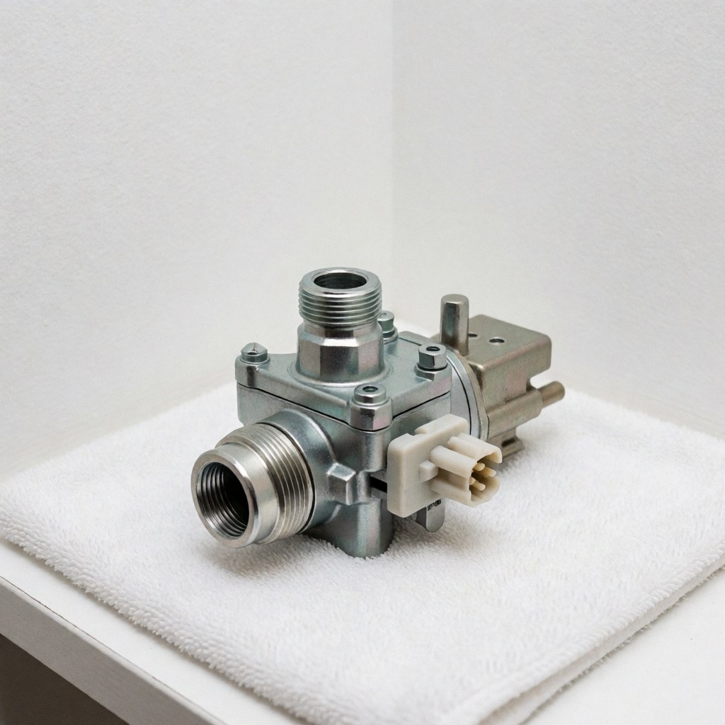 Vanne de gaz neuve avec connecteurs électriques posée sur une serviette blanche, fond blanc propre, pour réparation de chauffage