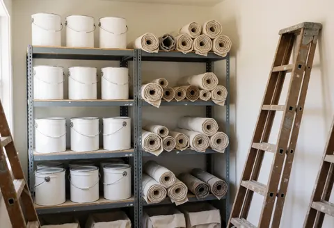 Entrepôt de peinture contenant des étagères métalliques, des échelles en bois et des rouleaux de tissu, éclairé par la lumière naturelle.