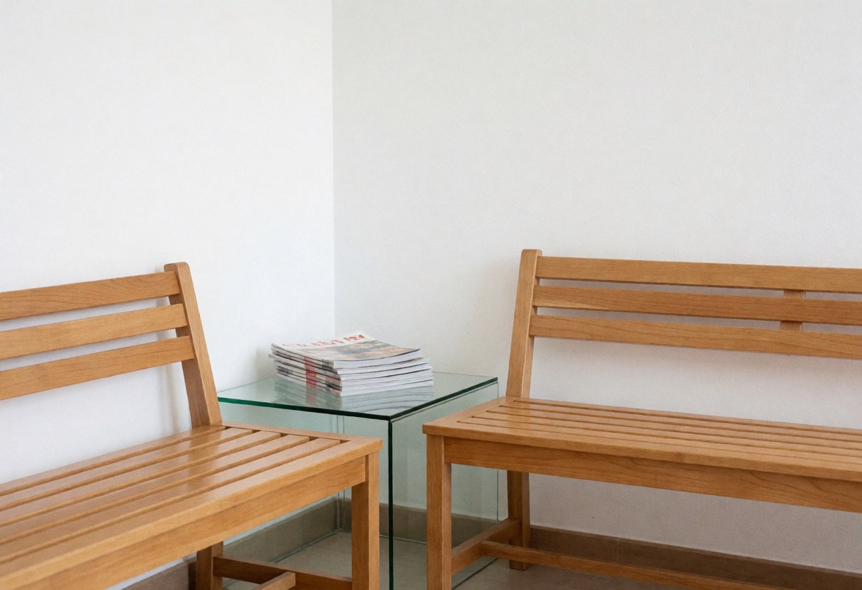 Salle d'attente moderne avec bancs en bois, table en verre et magazines sur fond blanc pour clients.
