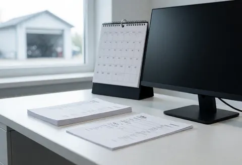 Un bureau blanc équipé d'un ordinateur, d'un calendrier et de factures. Une fenêtre offre une vue sur un garage en arrière-plan, créant un environnement professionnel et ordonné.