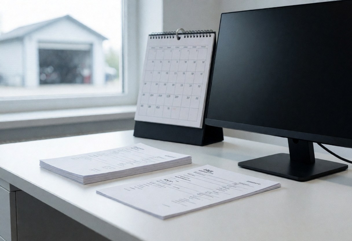 Un bureau blanc équipé d'un ordinateur, d'un calendrier et de factures. Une fenêtre offre une vue sur un garage en arrière-plan, créant un environnement professionnel et ordonné.