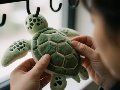Un pendentif en forme de tortue verte avec motifs brodés est suspendu à un crochet noir, tandis que des mains ajustent sa position sur un fond flou éclairé par la lumière naturelle.