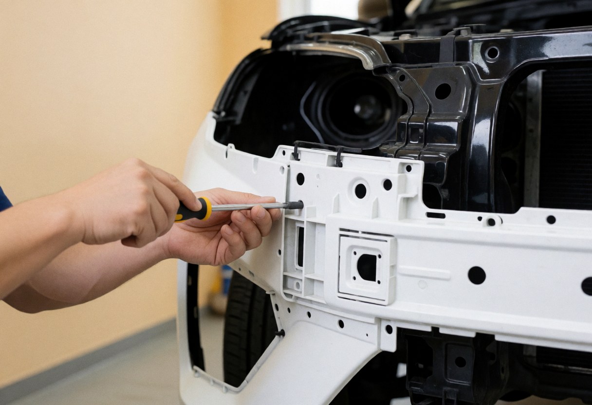 Technicien utilisant un tournevis pour fixer un clip sur un pare-chocs blanc d'un véhicule à carrosserie noire brillante en atelier.