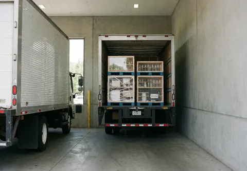 Chargement de camions avec des palettes contenant des verres et des caisses en verre, murs en béton et lumière naturelle.