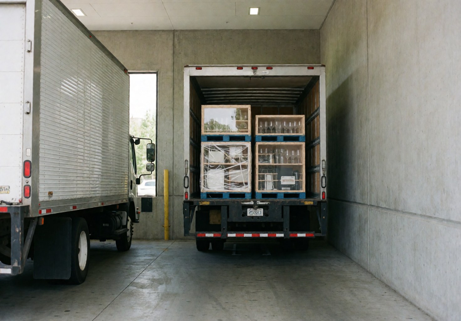 Chargement de camions avec des palettes contenant des verres et des caisses en verre, murs en béton et lumière naturelle.