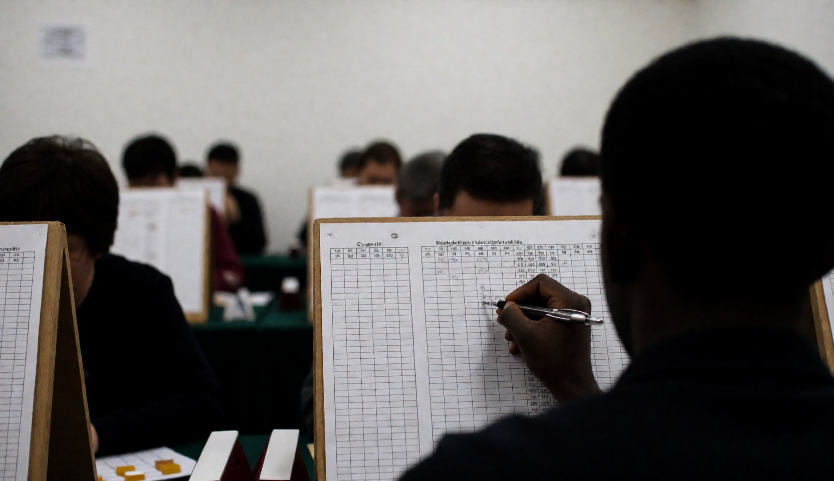 Un joueur d'échecs prend des notes sur son tableau pendant une compétition. En arrière-plan, on aperçoit d'autres participants et des échiquiers dans une salle éclairée de manière réaliste.