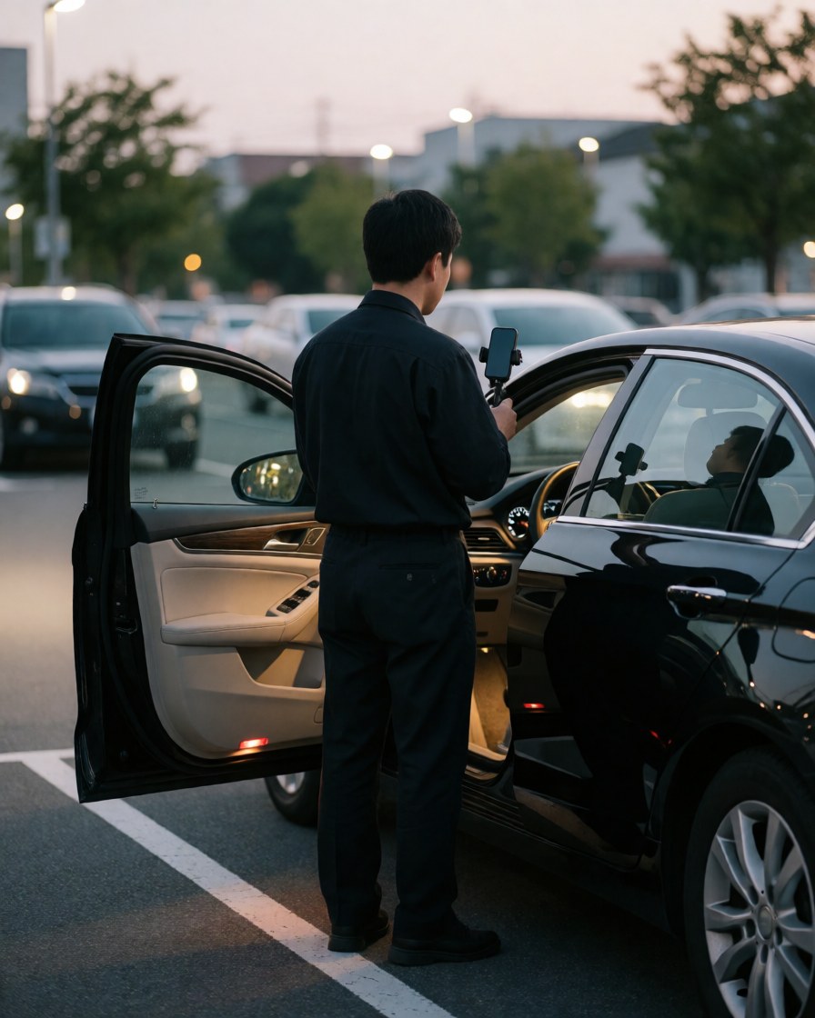 Chauffeur de service de transport tenant un téléphone fixé sur son véhicule, près d'une voiture noire dans un parking au crépuscule, avec les feux intérieurs allumés et un fond flou.