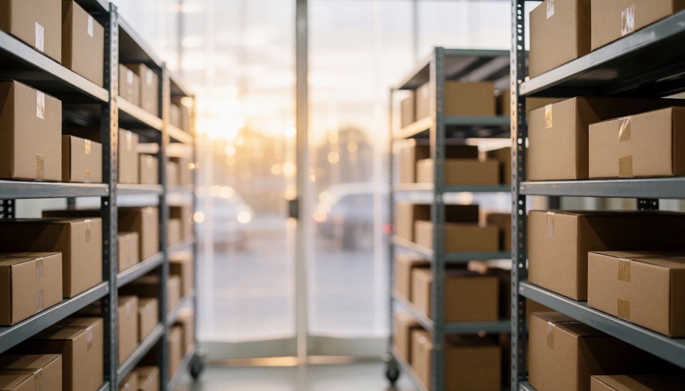 Fond d'entrepôt avec étagères métalliques et cartons, lumière chaude à l'entrée, idéal pour textes de logistique.