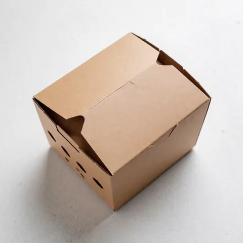 Boîte en carton marron munie d'aérations, posée sur une surface blanche, conçue pour la livraison de repas, au design fonctionnel et épuré.