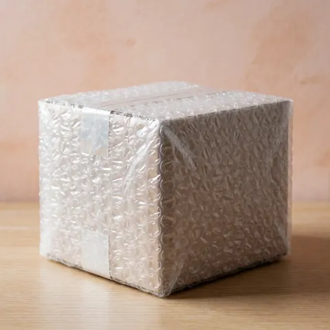 Colis en carton enveloppé de plastique à bulles transparentes et scotché sur une table en bois clair, idéal pour l'expédition fragile.