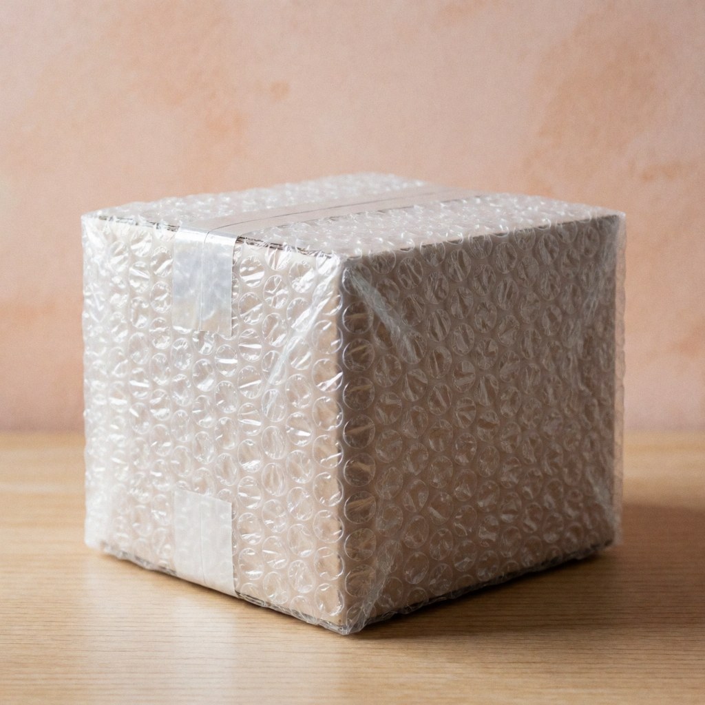 Colis en carton enveloppé de plastique à bulles transparentes et scotché sur une table en bois clair, idéal pour l'expédition fragile.
