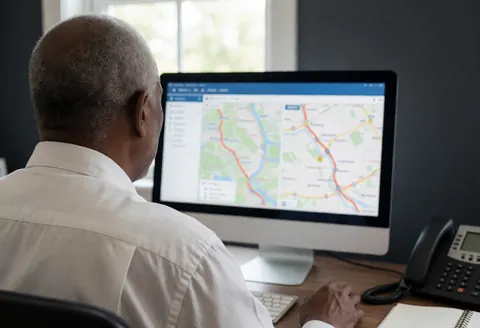 Un homme observe des cartes de route sur un écran, avec un téléphone et un carnet sur son bureau, éclairé par la lumière naturelle d'une fenêtre, scène de logistique de dernière livraison.