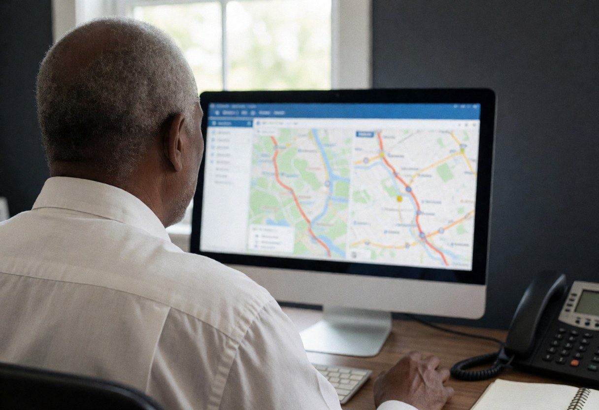 Un homme observe des cartes de route sur un écran, avec un téléphone et un carnet sur son bureau, éclairé par la lumière naturelle d'une fenêtre, scène de logistique de dernière livraison.