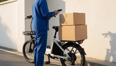 Un livreur en uniforme bleu scanne un colis tout en chargeant des cartons sur un vélo électrique blanc près d'un mur blanc au coucher du soleil.