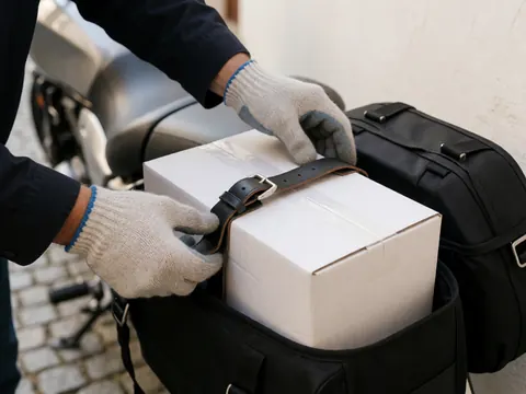 Gros plan d'une main portant un gant serrant la fermeture d'un sac noir contenant une boîte blanche sur fond de pavés et mur blanc en lumière naturelle.