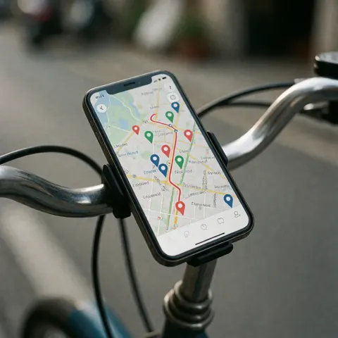 Téléphone portable fixé sur un vélo affichant une carte avec des itinéraires et des points de livraison, illustrant les services logistiques de dernière mile.