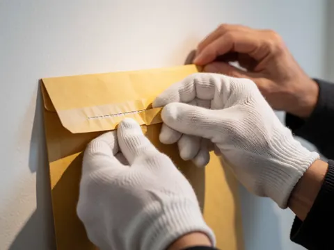 Des mains portant des gants blancs ouvrent un enveloppe scotchée sur fond blanc, éclairage professionnel pour la logistique de dernière mile.