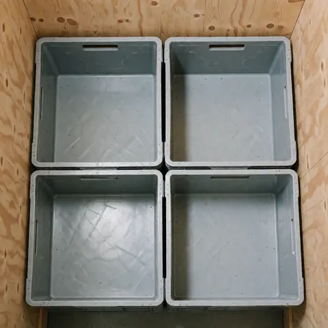 Quatre caisses grises vides et propres, empilées sur un plancher en bois, adaptées à la logistique du dernier kilomètre et au stockage industriel.