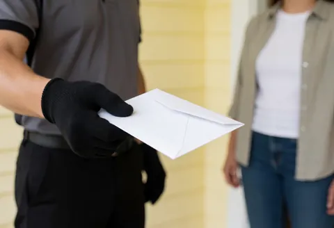 Une main gantée tend un enveloppe blanche contre un mur jaune vif tandis qu'une personne observe en arrière-plan.