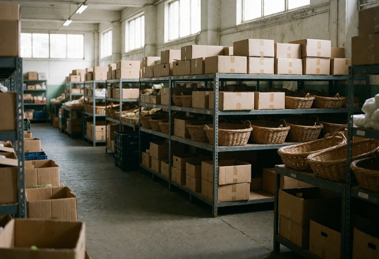 Entrepôt logistique équipé d'étagères métalliques, de cartons et de paniers en osier, éclairé par la lumière naturelle entrant par des fenêtres hautes.