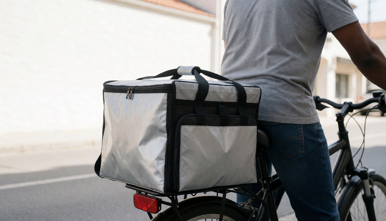 Cycliste professionnel portant un sac isotherme sur son vélo, prêt à effectuer une livraison en milieu urbain, scène réaliste et professionnelle pour la logistique de dernière mile.