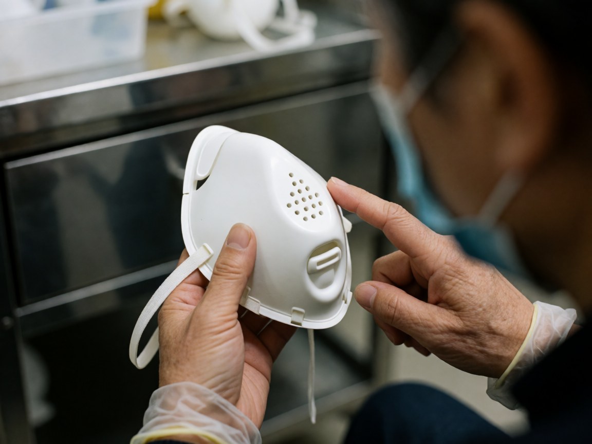 Un professionnel portant des gants examine de près un masque médical blanc équipé de valves respiratoires sur une surface métallique.