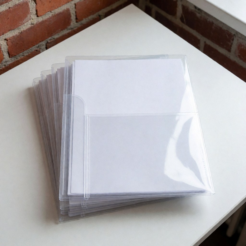 Des dossiers en plastique transparent contenant des feuilles blanches posés sur une table blanche devant un mur de briques rouges, éclairage naturel pour bureau ou centre de copie.