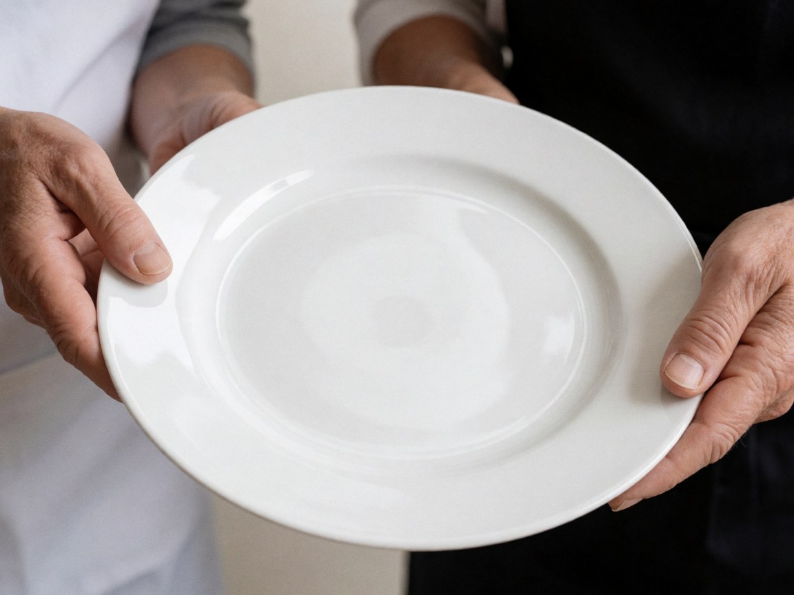 Mains d'adulte tenant une assiette en céramique blanche sur fond neutre, éclairage vif, idéal pour services de banquet et traiteur.