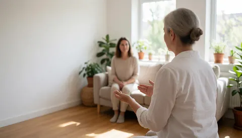 Praticien en chemise blanche face à une patiente sur un canapé beige dans un bureau lumineux avec plantes et murs blancs.
