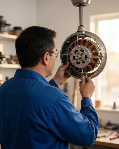 Un technicien portant des lunettes examine le moteur d'un ventilateur suspendu dans un atelier bien éclairé avec des outils et des pièces en arrière-plan.