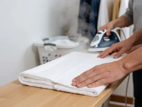 Une main replie une serviette blanche sur une planche à repasser, avec un panier de linge et du linge suspendu en arrière-plan flou.