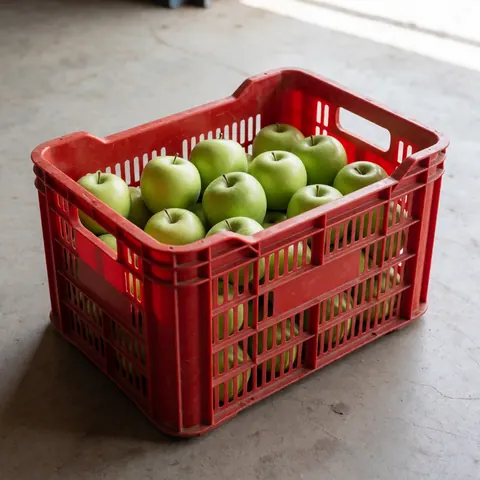 Une caisse rouge ventilée remplie de pommes vertes fraîches posée sur un sol en béton, éclairée par la lumière naturelle.
