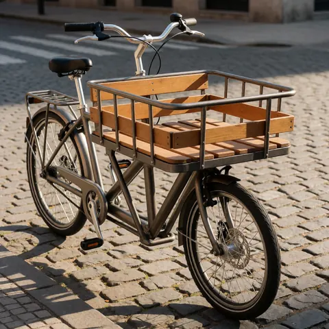 Vélo cargo stationné sur une rue pavée baignée de lumière dorée du coucher de soleil, équipé d'un grand panier en bois vide pour la logistique urbaine.
