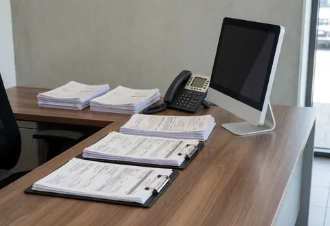 Bureau moderne en bois avec documents, ordinateur et téléphone sur fond de murs en béton, idéal pour la vente de véhicules.