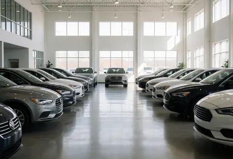 Intérieur spacieux d'un showroom automobile avec sol réfléchissant, grandes fenêtres et véhicules neufs alignés symétriquement sous un éclairage naturel intense.
