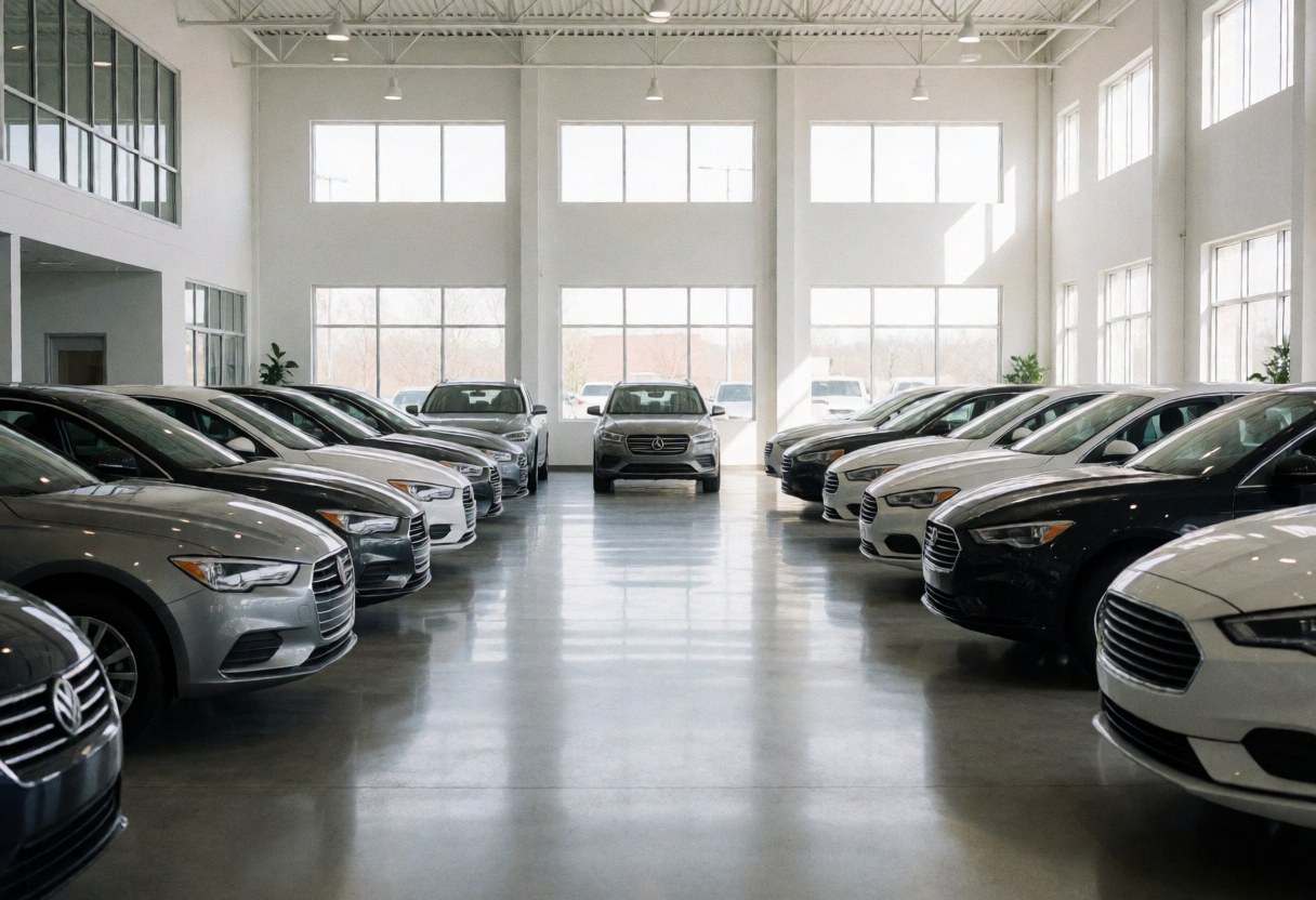 Intérieur spacieux d'un showroom automobile avec sol réfléchissant, grandes fenêtres et véhicules neufs alignés symétriquement sous un éclairage naturel intense.