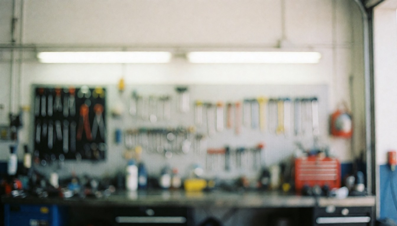 Arrière-plan flou d'un atelier automobile avec des outils accrochés au mur, des tables de travail et un éclairage fluorescent, idéal pour ajouter du texte.