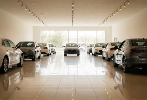 Showroom de véhicules neufs avec sol poli et éclairage au plafond, grandes fenêtres laissant entrer la lumière naturelle, ambiance minimaliste et propre idéale pour la vente de voitures.