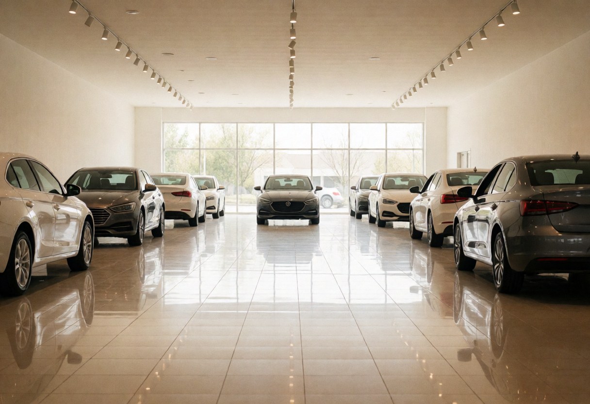 Showroom de véhicules neufs avec sol poli et éclairage au plafond, grandes fenêtres laissant entrer la lumière naturelle, ambiance minimaliste et propre idéale pour la vente de voitures.